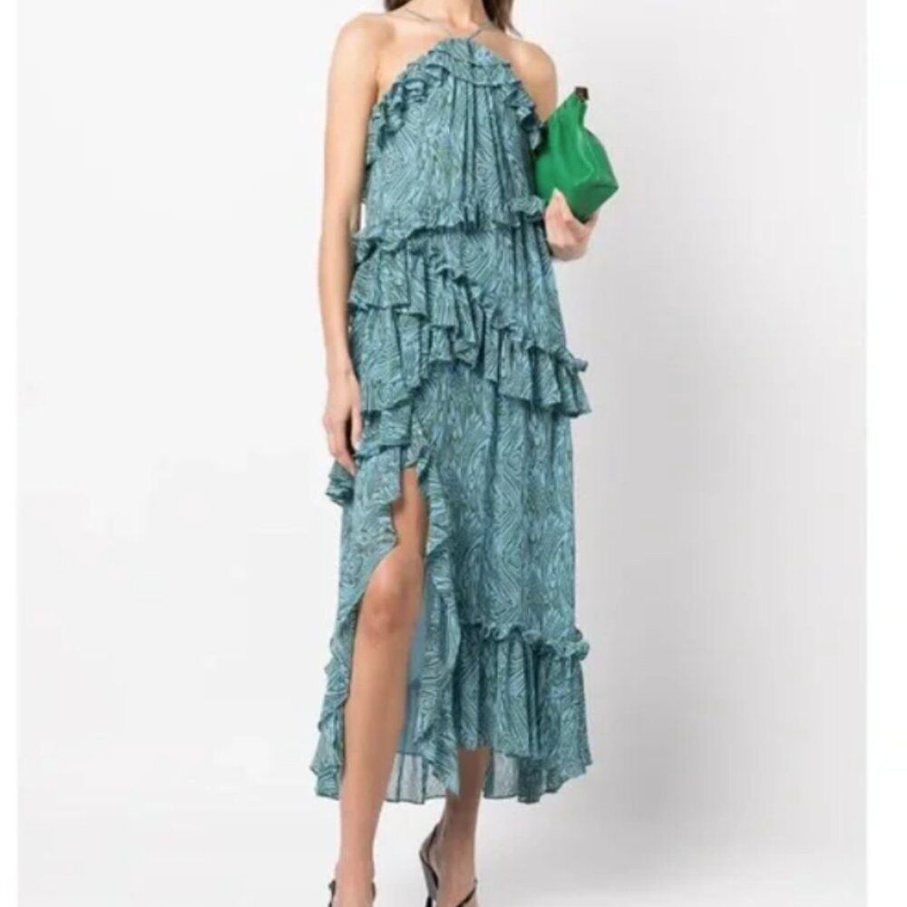 Cinq à Sept Rayner Dress Ruffle Blue Printed Halter Midi Cocktail Party Size 8